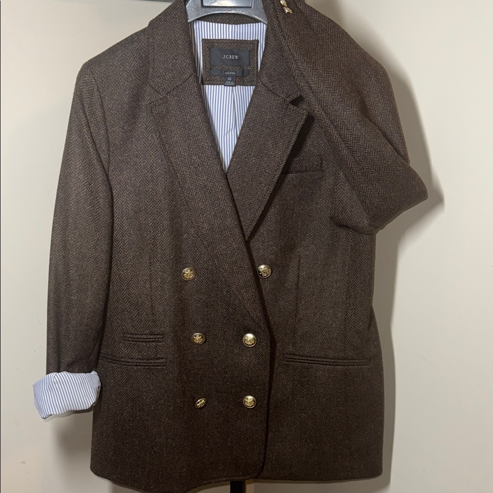 NWOT J. Crew Bristol Military Dark Brown Wool Blazer with Gold Buttons